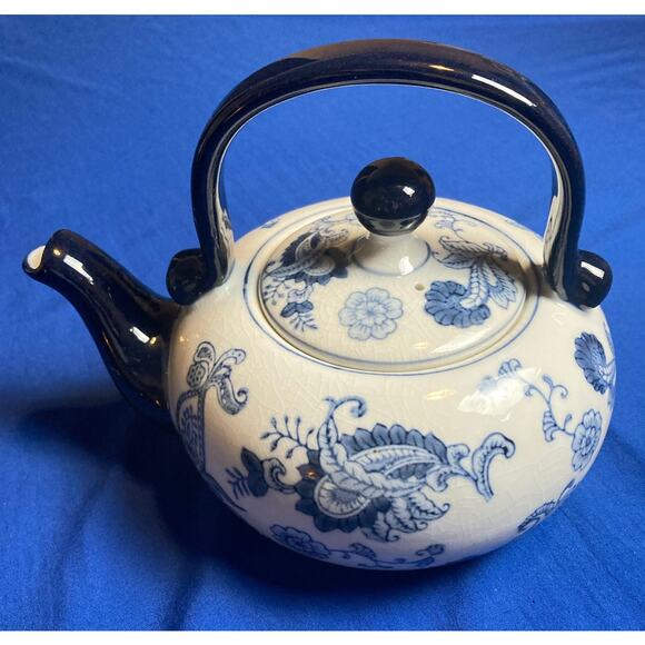 Pier 1 Blue White Floral Teapot with Black Handle Hand Painted Paisley w/ Lid - Picture 1 of 11